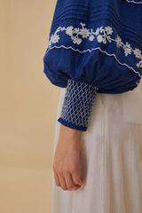 Blue Embroidered Long Sleeve Blouse