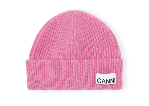 PINK FITTED RIB KNIT WOOL BEANIE