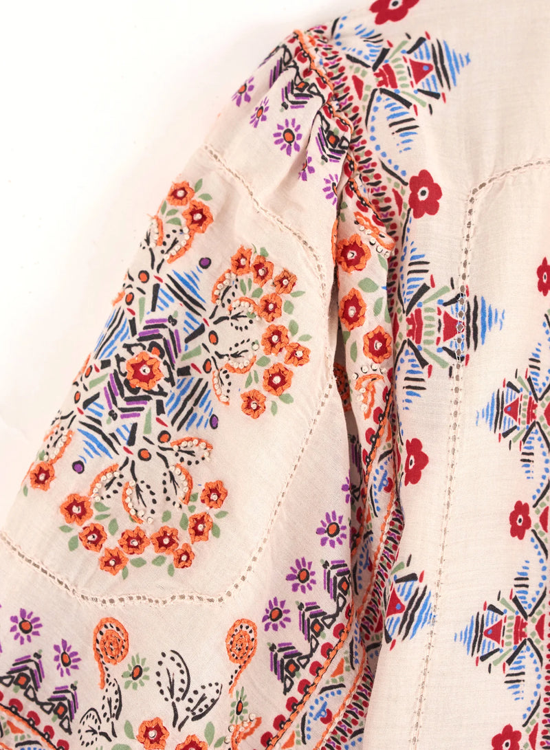 Eden Floral Print - Embroidered Gathered Cotton Silk Jacket