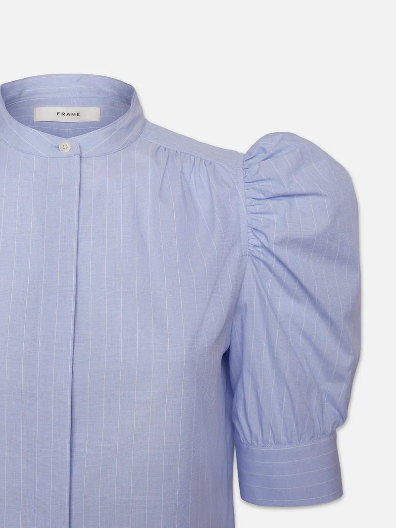 Ruched Puff Sleeve Shirt in Chambray Blue