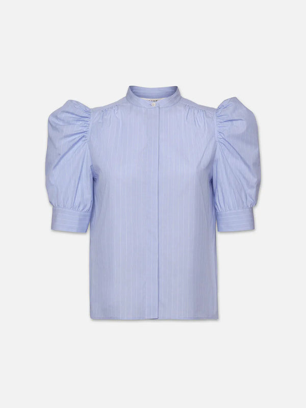 Ruched Puff Sleeve Shirt in Chambray Blue