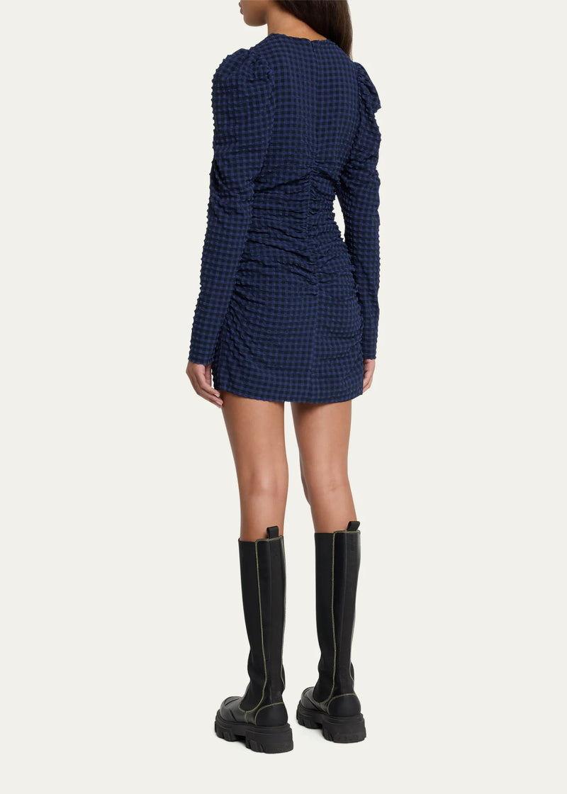 Ruched Long-Sleeve Seersucker Mini Dress