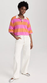 Cashmere Cropped Striped Polo - FONDANT PINK/BRIGHT TANGERINE