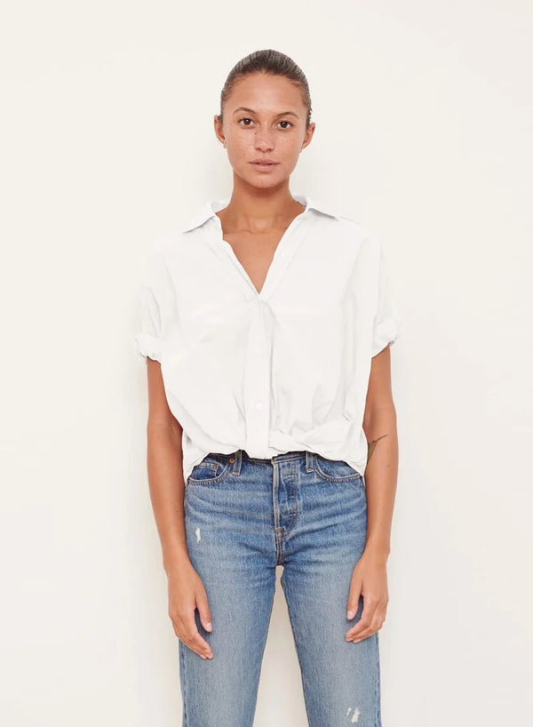 Poplin Short Sleeve Front Twist Button Up Shirt - White